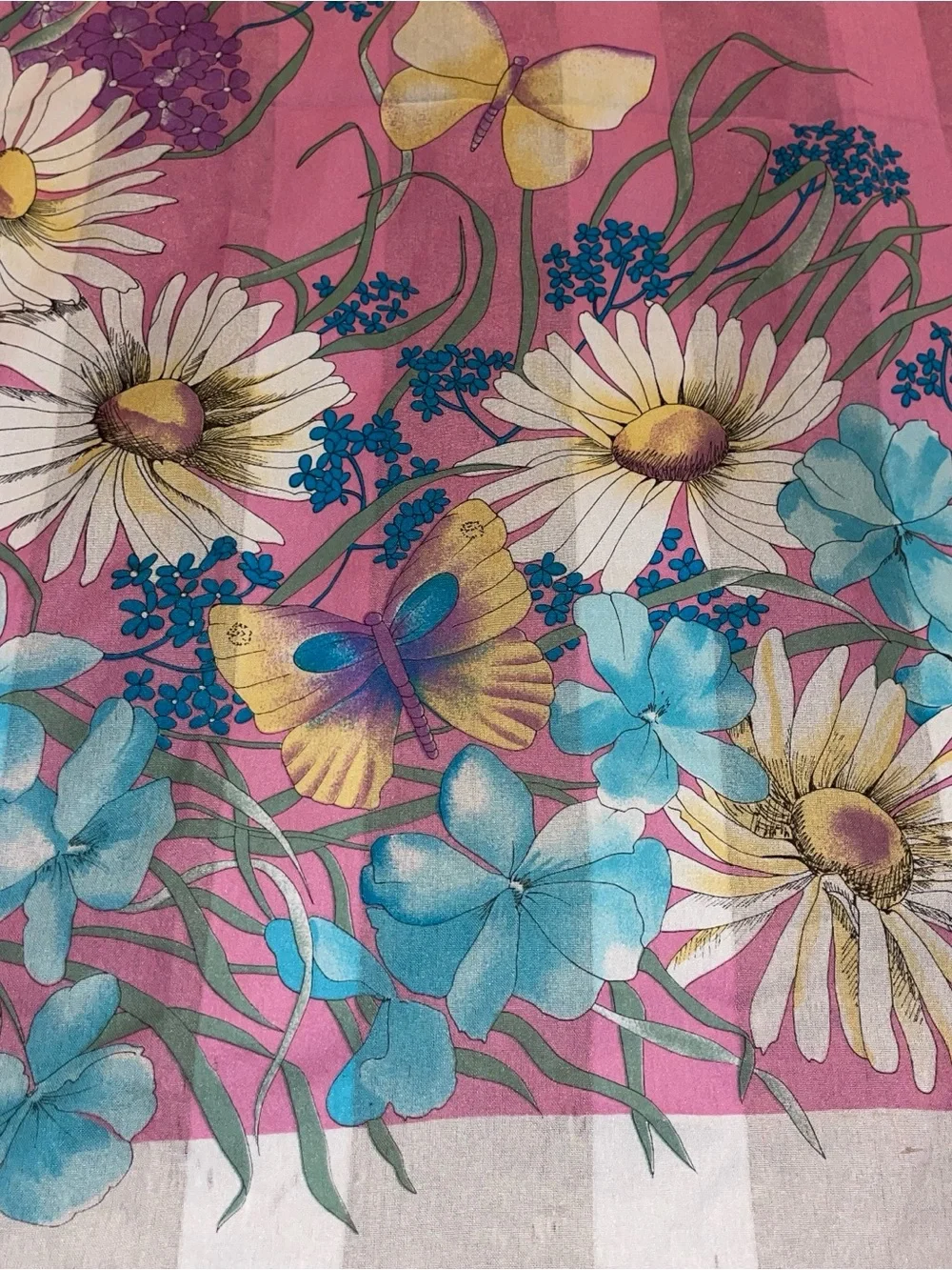 Floral Pink Silk-Feel Scarf with Blue Accents